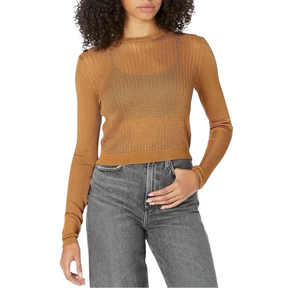 NWT Free People H2O Crew Open Knit Long Sleeve Pullover Top MEDIUM in Tiger Eye